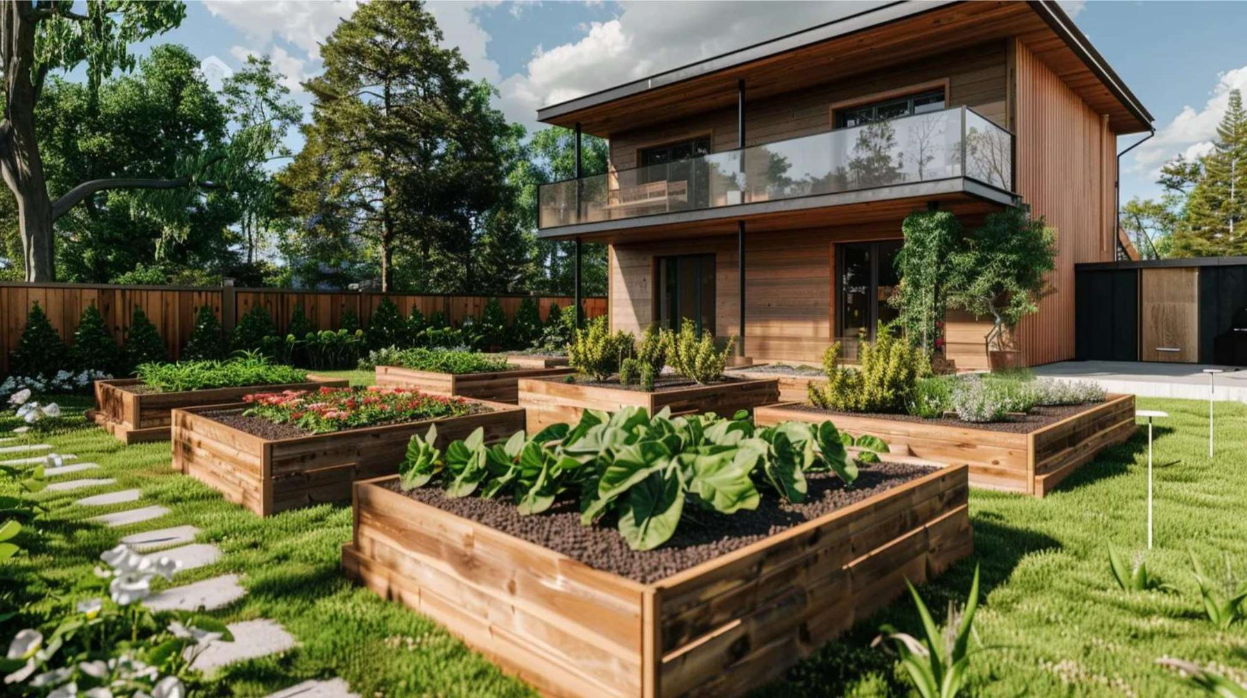Modern backyard with wooden raised garden beds, illustrating organized backyard gardening camp income
