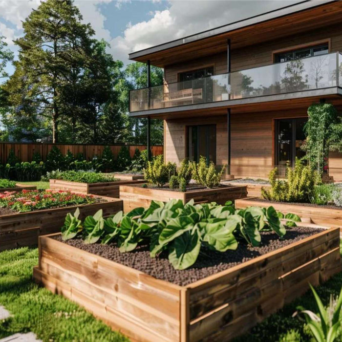 Modern backyard with wooden raised garden beds, illustrating organized backyard gardening camp income