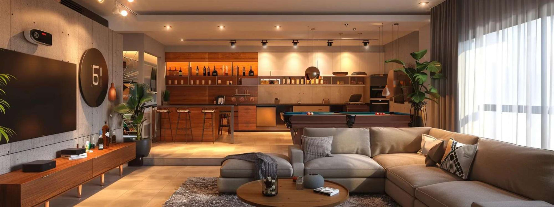 Modern basement lounge with sofa, TV, pool table, and bar designed to generate man cave rental income