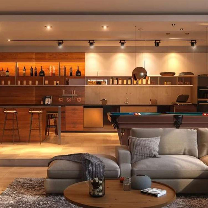 Modern basement lounge with sofa, TV, pool table, and bar designed to generate man cave rental income