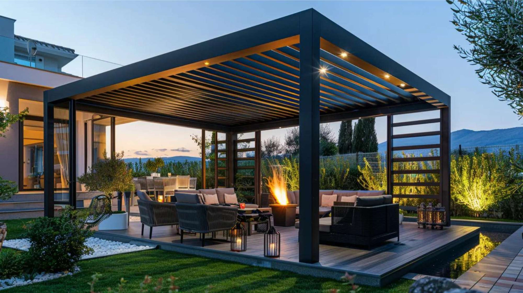 Modern black pergola with outdoor seating and lighting, highlighting stylish solutions for pergola build challenges