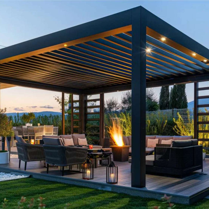 Modern black pergola with outdoor seating and lighting, highlighting stylish solutions for pergola build challenges