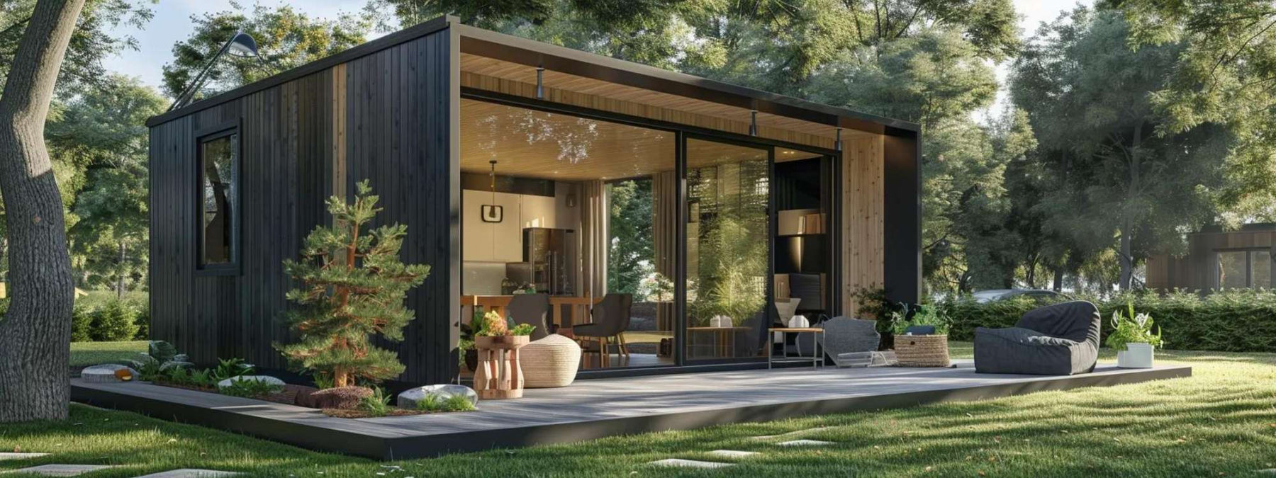 Modern black pet-friendly tiny home rental with large glass doors, wooden deck seating, and a landscaped yard surrounded by tall green trees