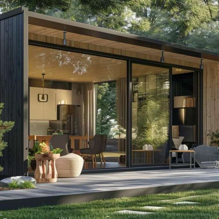 Modern black pet-friendly tiny home rental with large glass doors, wooden deck seating, and a landscaped yard surrounded by tall green trees