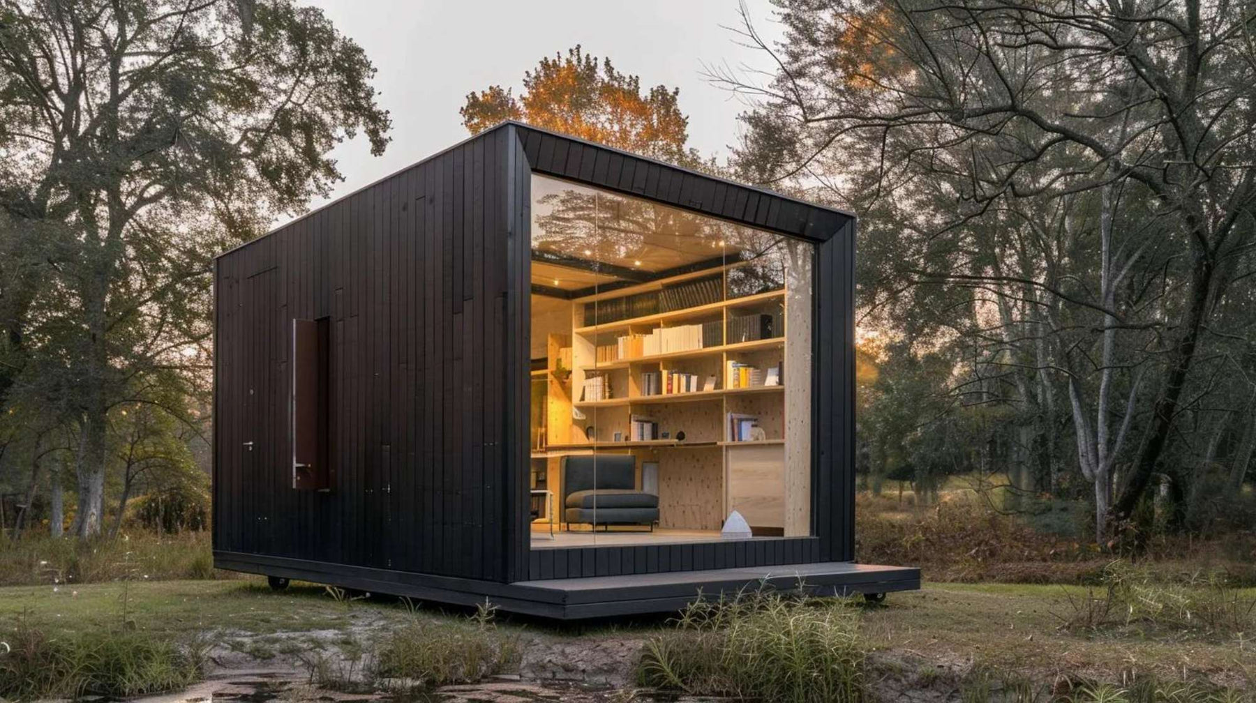 Modern black writers retreat tiny home with a large glass wall, warm interior lighting, bookshelves, and a small deck surrounded by trees