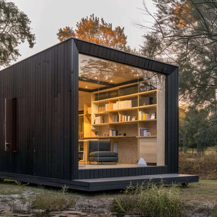 Modern black writers retreat tiny home with a large glass wall, warm interior lighting, bookshelves, and a small deck surrounded by trees