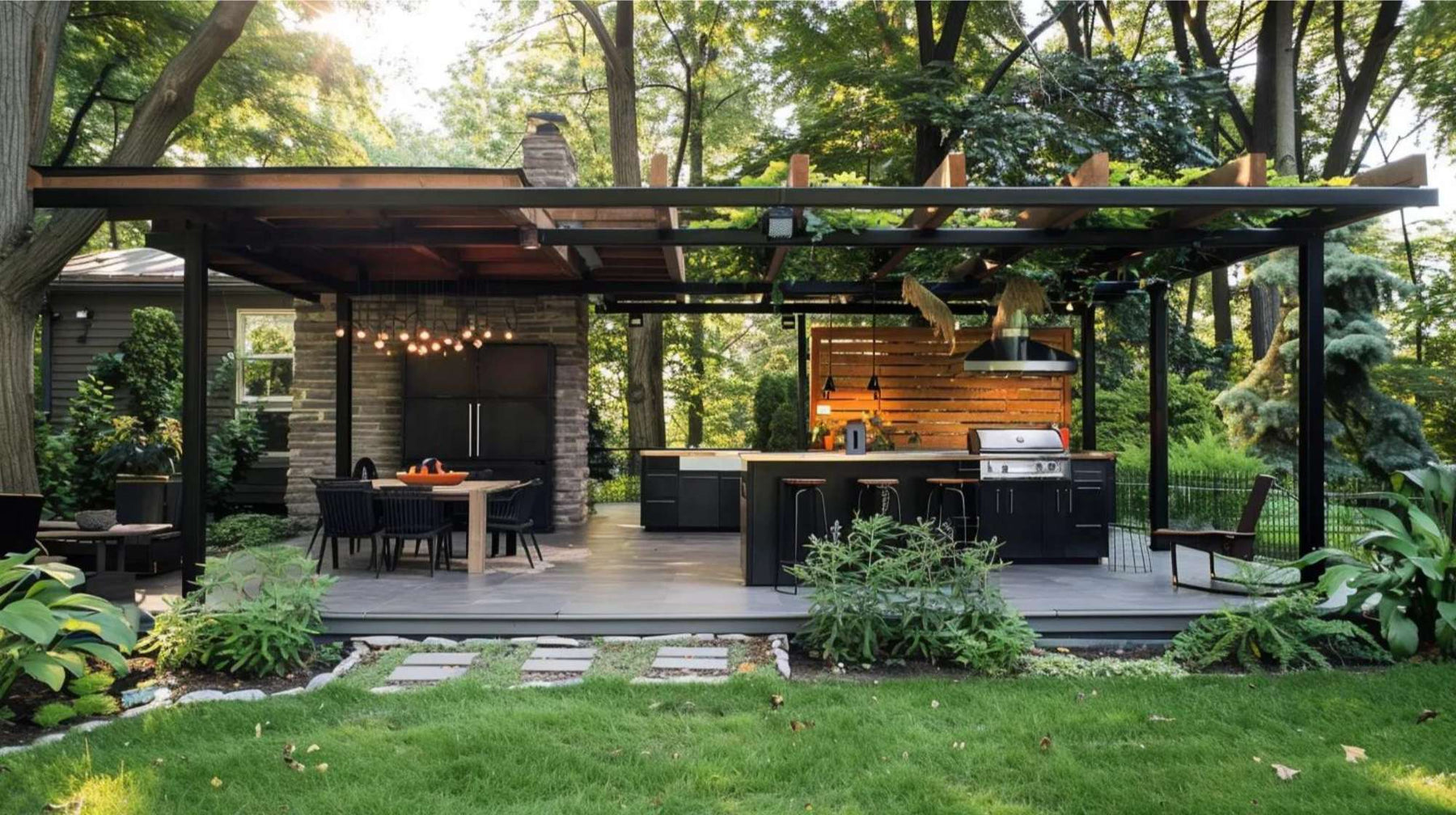 Modern covered outdoor kitchen and dining patio surrounded by trees and lawn, showing one stylish way to monetize backyard space