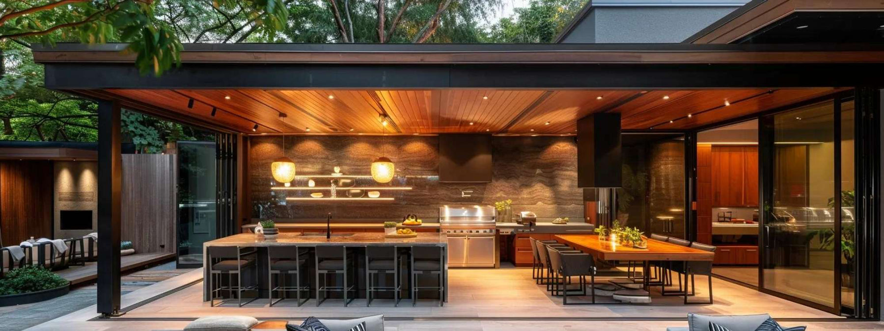 Modern covered outdoor kitchen with wood ceiling, large island, grill, and dining area, perfect inspiration for how to tile outdoor kitchen spaces