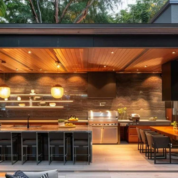 Modern covered outdoor kitchen with wood ceiling, large island, grill, and dining area, perfect inspiration for how to tile outdoor kitchen spaces