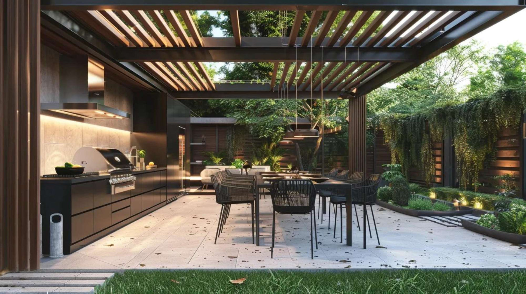 Modern covered patio showcasing outdoor kitchen uses with a built-in grill, dining area, and open pergola surrounded by greenery