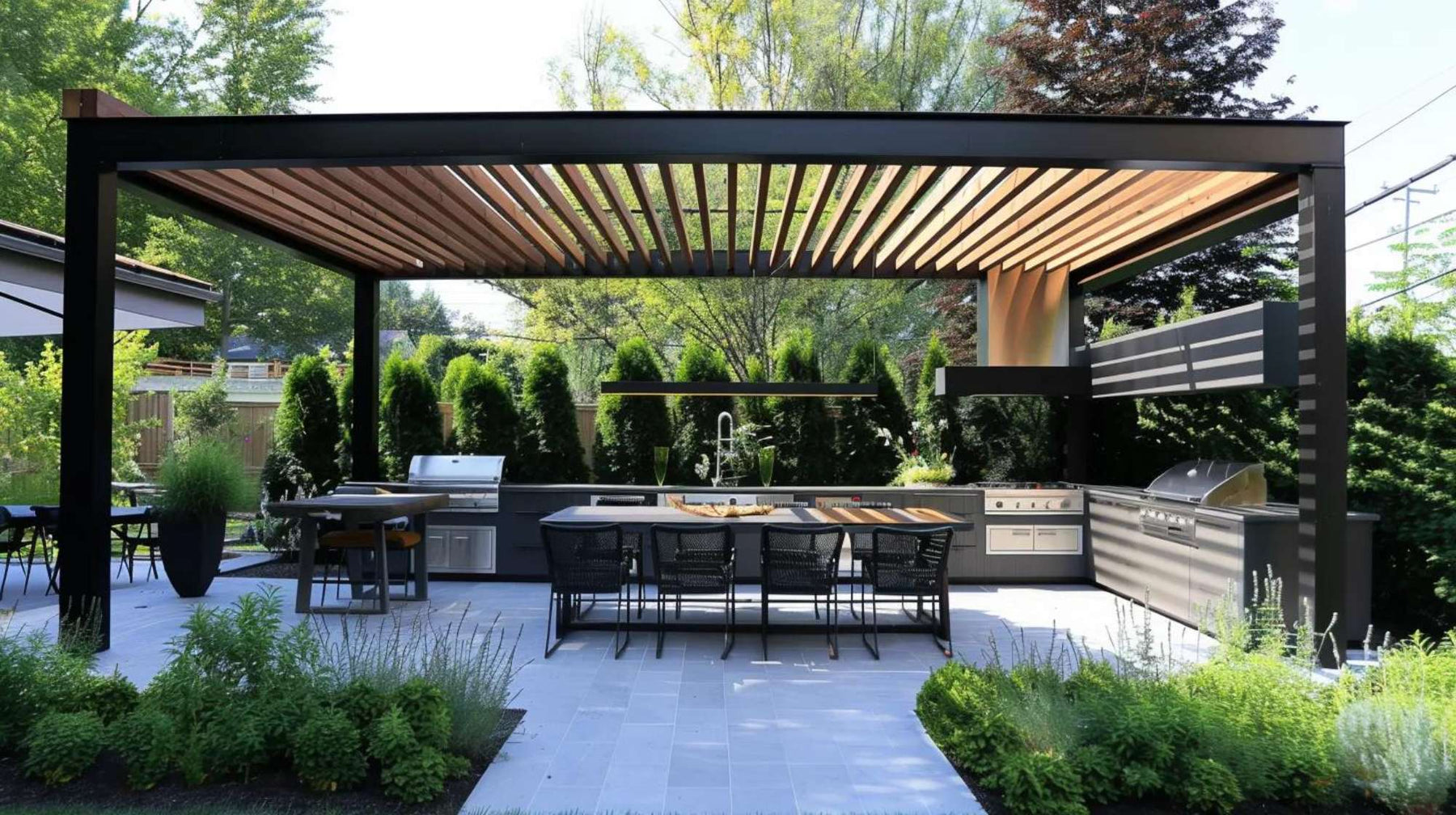 Modern covered patio with grills, prep counters, and shaded seating designed for efficient outdoor kitchen meal prep