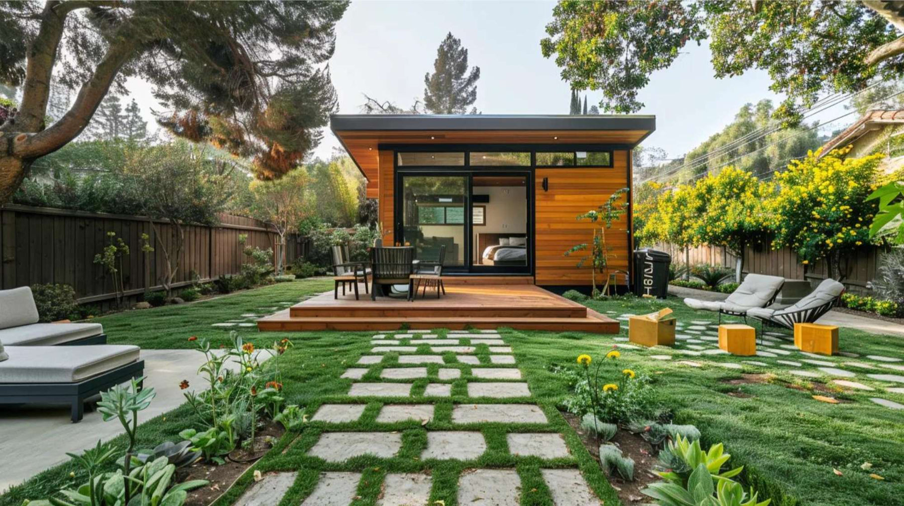 Modern festival rental tiny home sits in a landscaped backyard with a wooden deck, patio chairs, and a stone path leading to the entrance