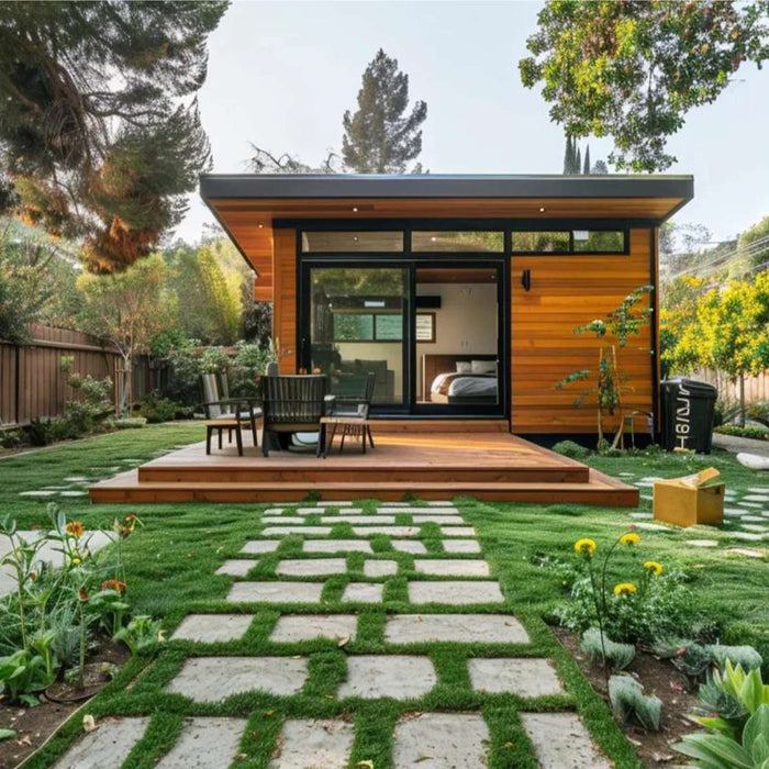 Modern festival rental tiny home sits in a landscaped backyard with a wooden deck, patio chairs, and a stone path leading to the entrance