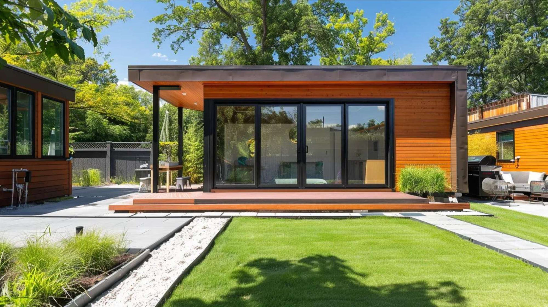 Modern flat-roof tiny home with large glass doors, wood siding, and a landscaped backyard patio, designed for tiny home passive income $2000