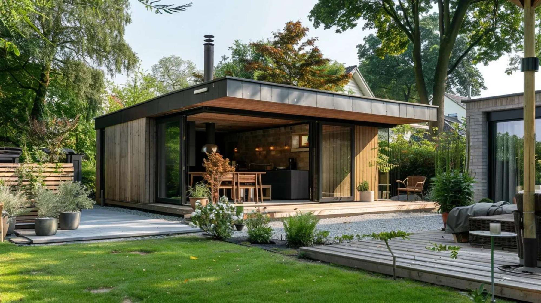 Modern flat-roof wooden studio with large sliding glass doors and a small patio in a landscaped garden, illustrating a stylish backyard tiny home investment