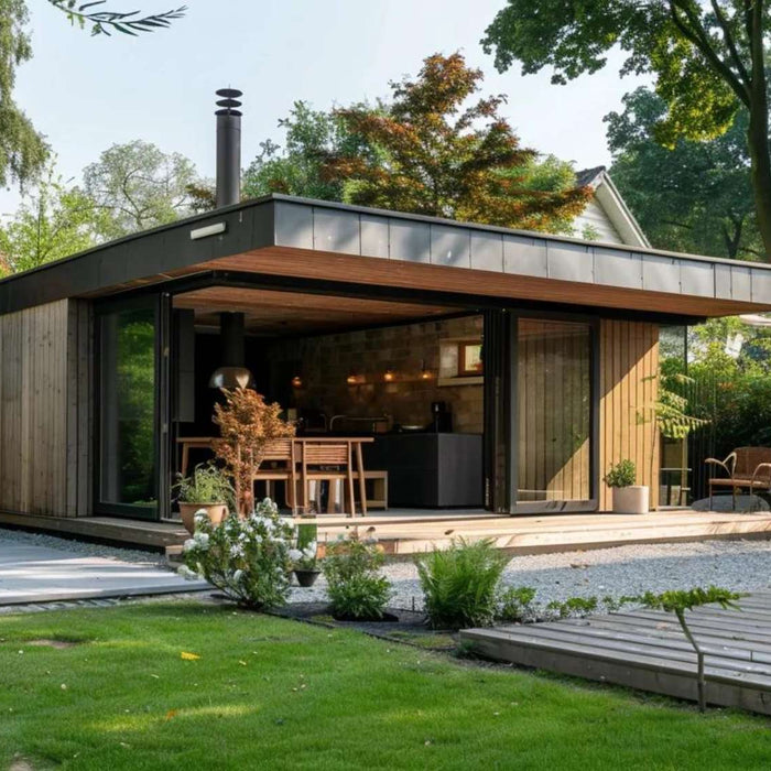 Modern flat-roof wooden studio with large sliding glass doors and a small patio in a landscaped garden, illustrating a stylish backyard tiny home investment