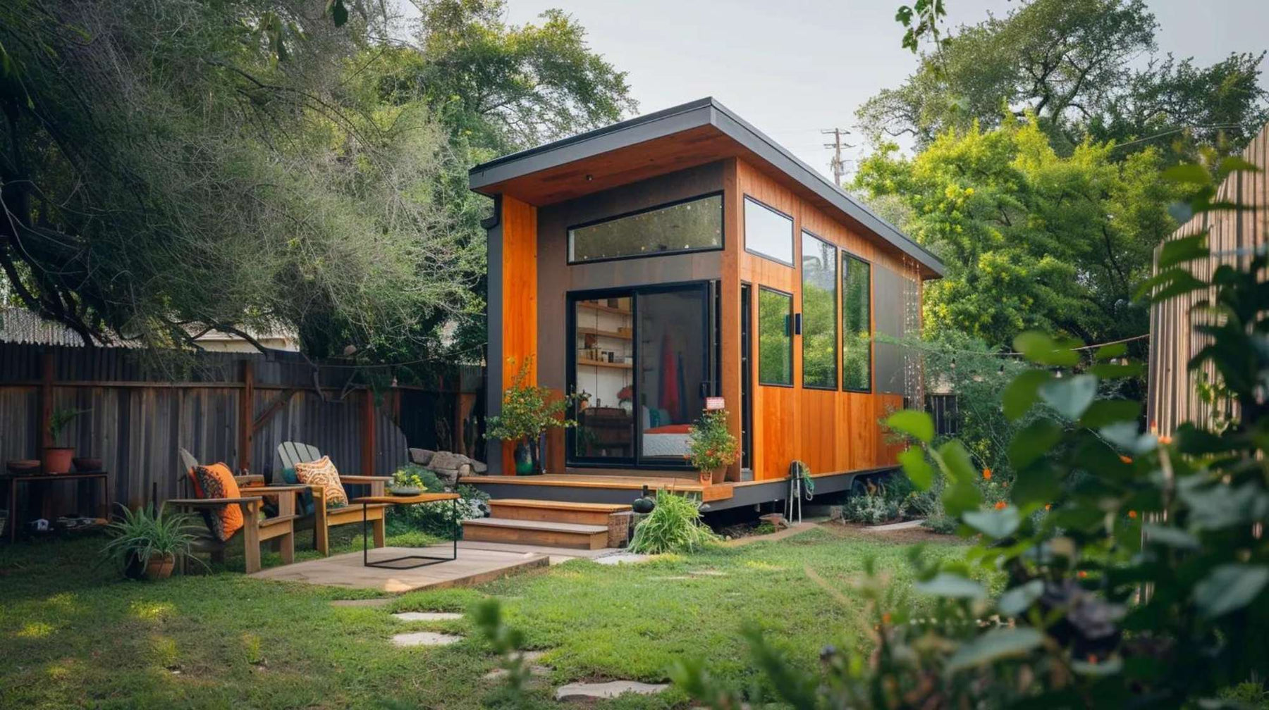 Modern furnished tiny home rental with large windows, wood exterior, and a small outdoor seating area in a landscaped backyard