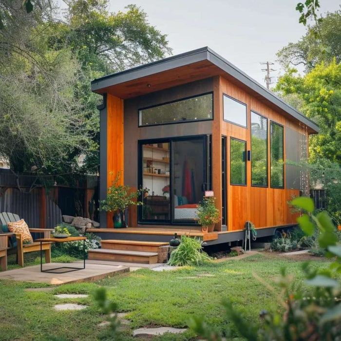 Modern furnished tiny home rental with large windows, wood exterior, and a small outdoor seating area in a landscaped backyard