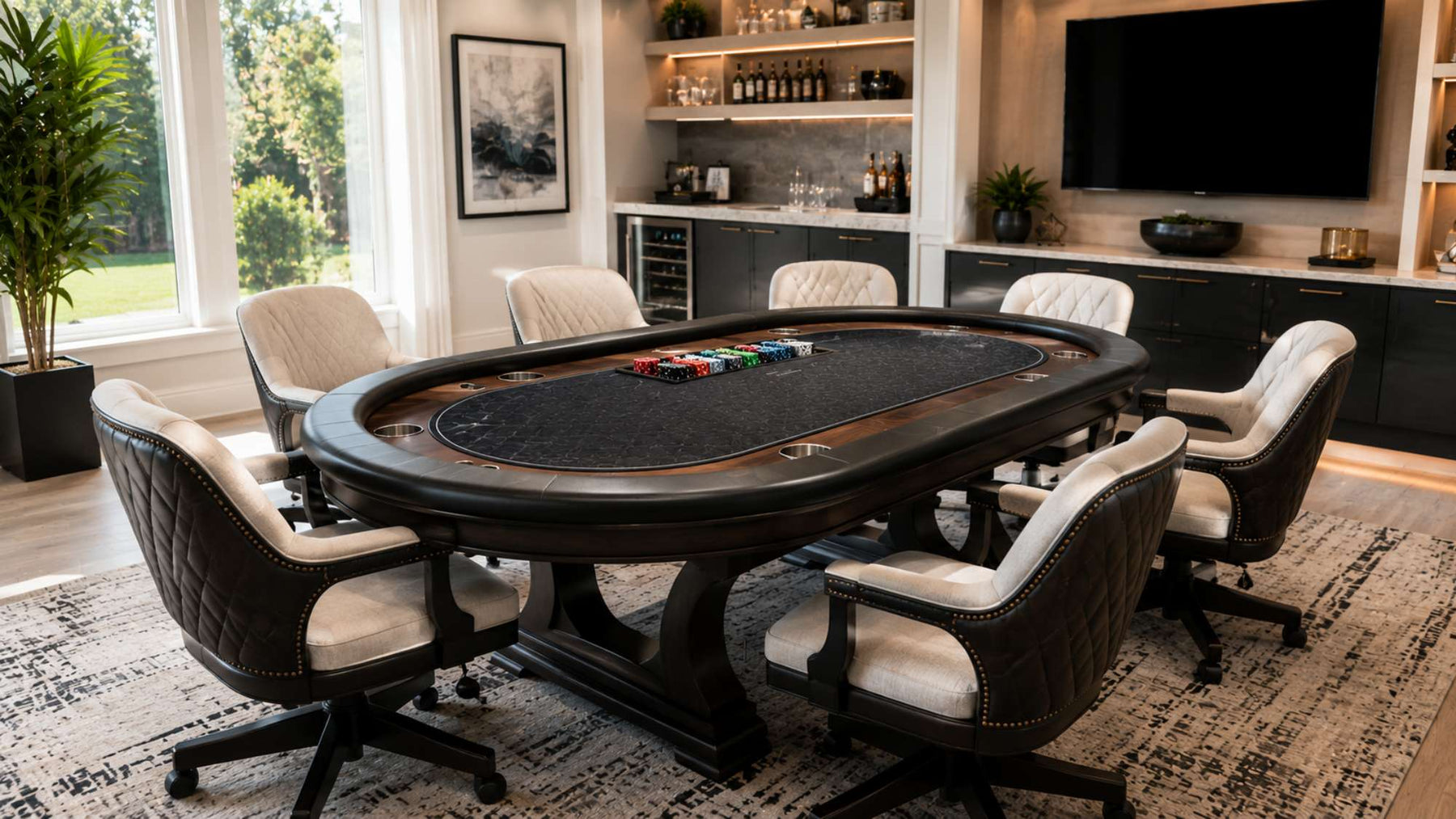 Modern game room featuring a luxury poker table with cushioned chairs, built-in cup holders, and bright contemporary finishes