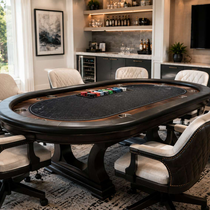 Modern game room featuring a luxury poker table with cushioned chairs, built-in cup holders, and bright contemporary finishes