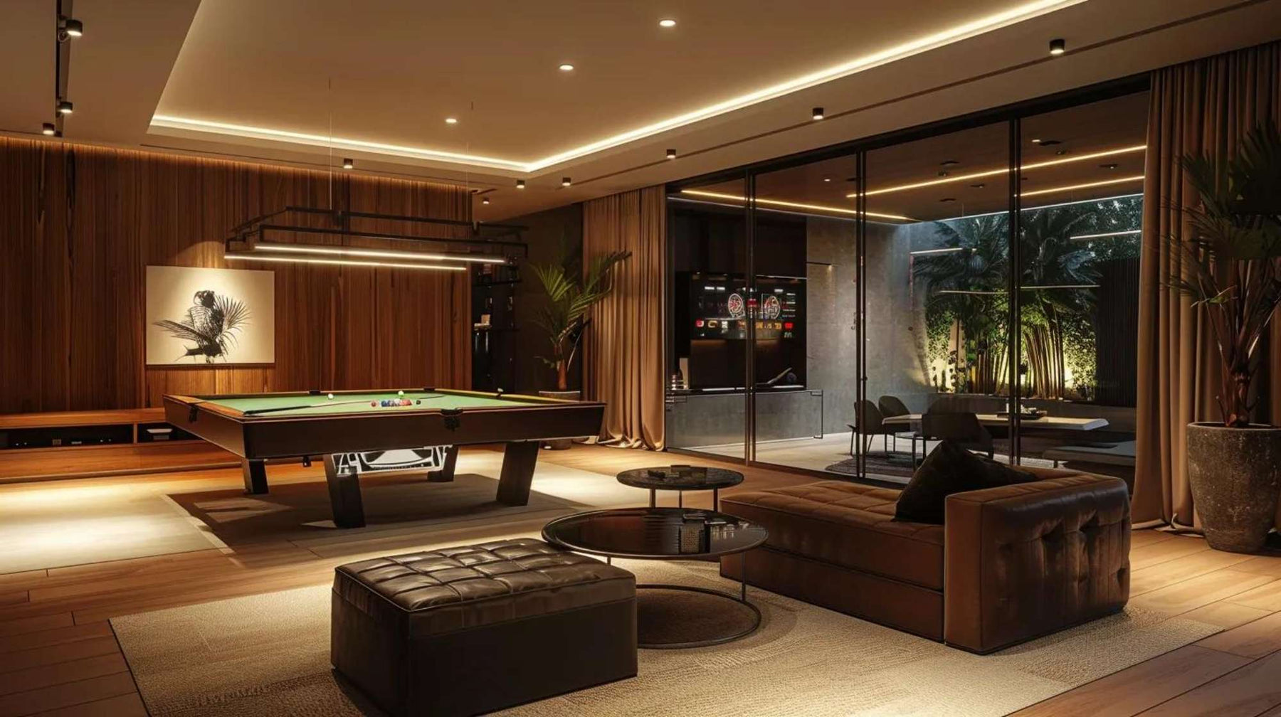 Modern game room furniture featuring a pool table, leather sofa, ottoman, and warm lighting in a spacious indoor-outdoor entertainment area