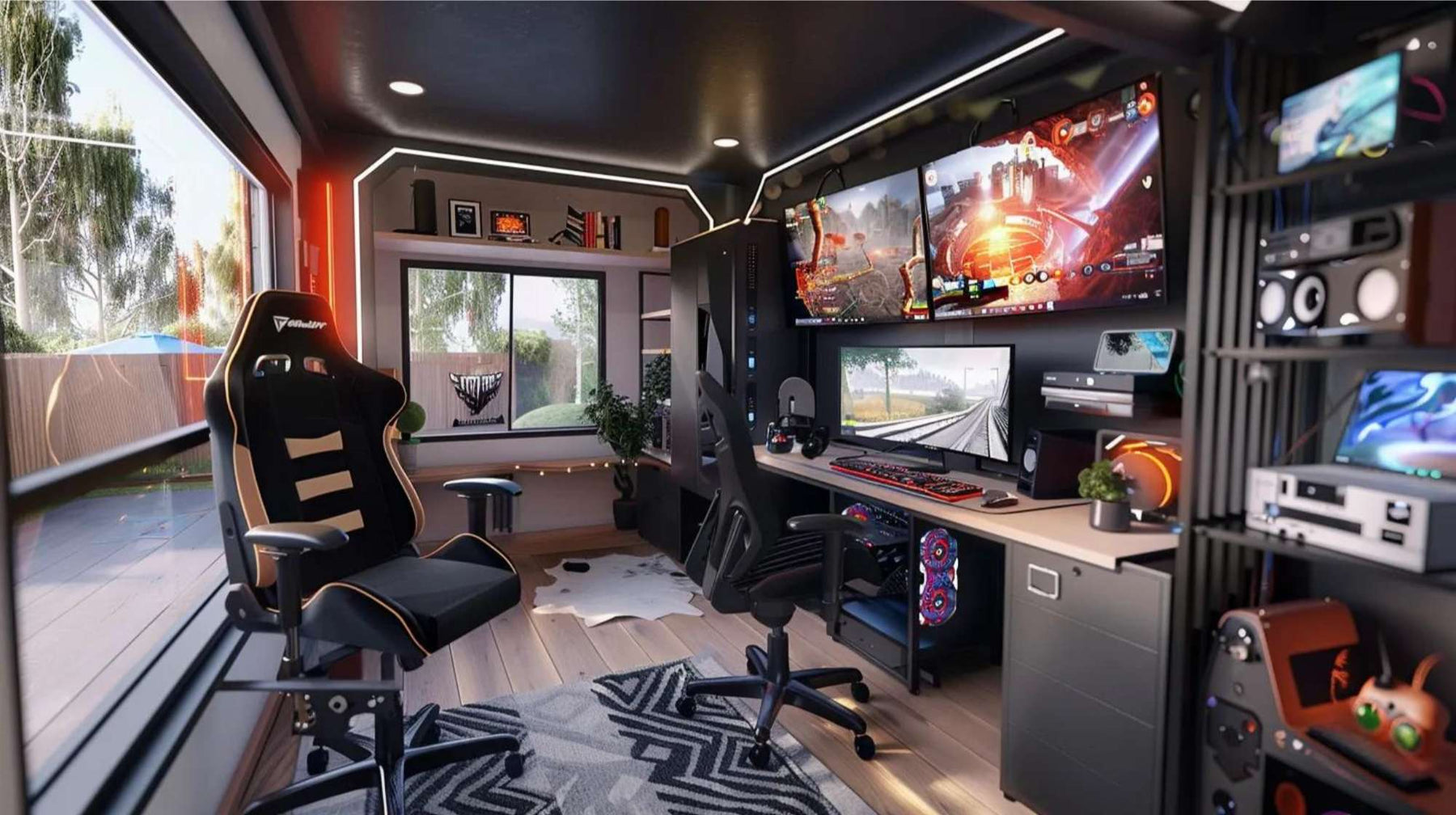 Modern gaming setup with multiple monitors, LED lighting, and ergonomic chairs inside a stylish room designed for esports room rental