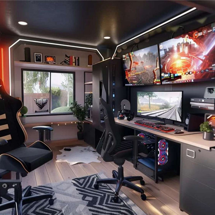 Modern gaming setup with multiple monitors, LED lighting, and ergonomic chairs inside a stylish room designed for esports room rental