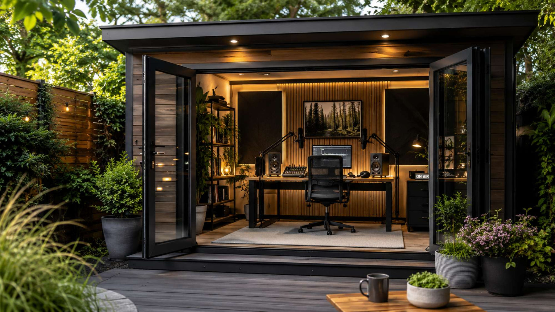 Modern garden podcast studio inside a backyard garden room features a desk with microphones, speakers, acoustic panels, and warm lighting surrounded by lush greenery