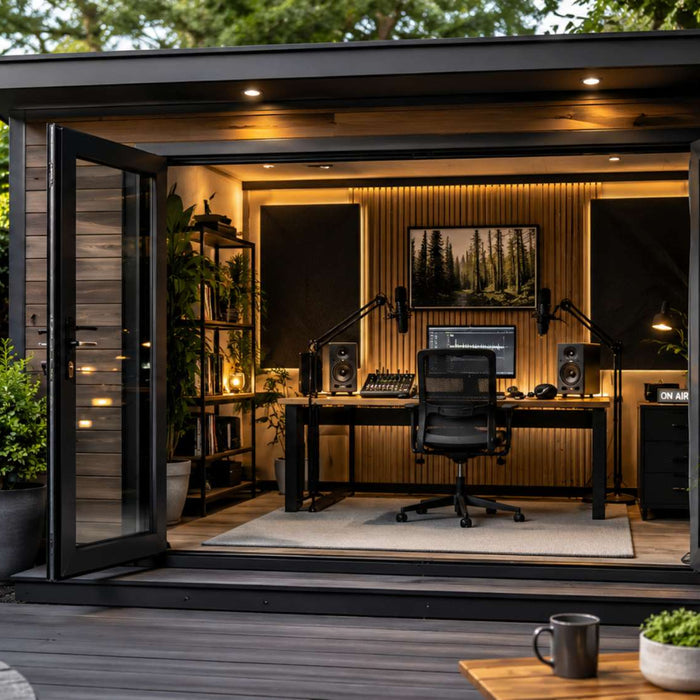 Modern garden podcast studio inside a backyard garden room features a desk with microphones, speakers, acoustic panels, and warm lighting surrounded by lush greenery