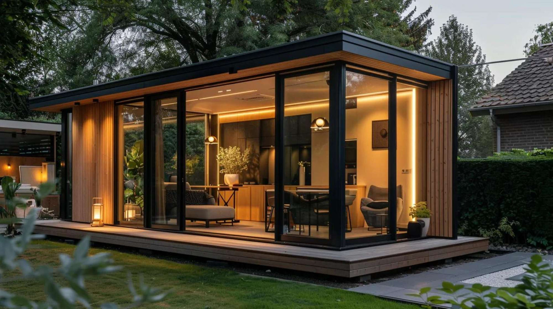 Modern garden room design with floor-to-ceiling glass walls, warm lighting, and timber cladding on a raised deck in a backyard