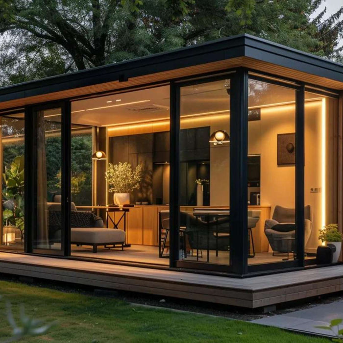 Modern garden room design with floor-to-ceiling glass walls, warm lighting, and timber cladding on a raised deck in a backyard