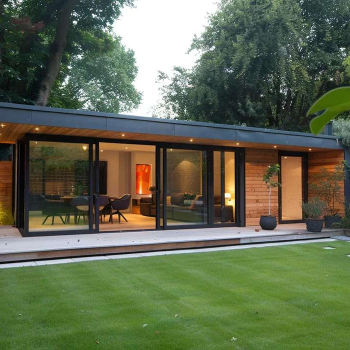 Modern garden room used as a subscription class studio with large glass doors, warm lighting, and a peaceful backyard setting surrounded by trees