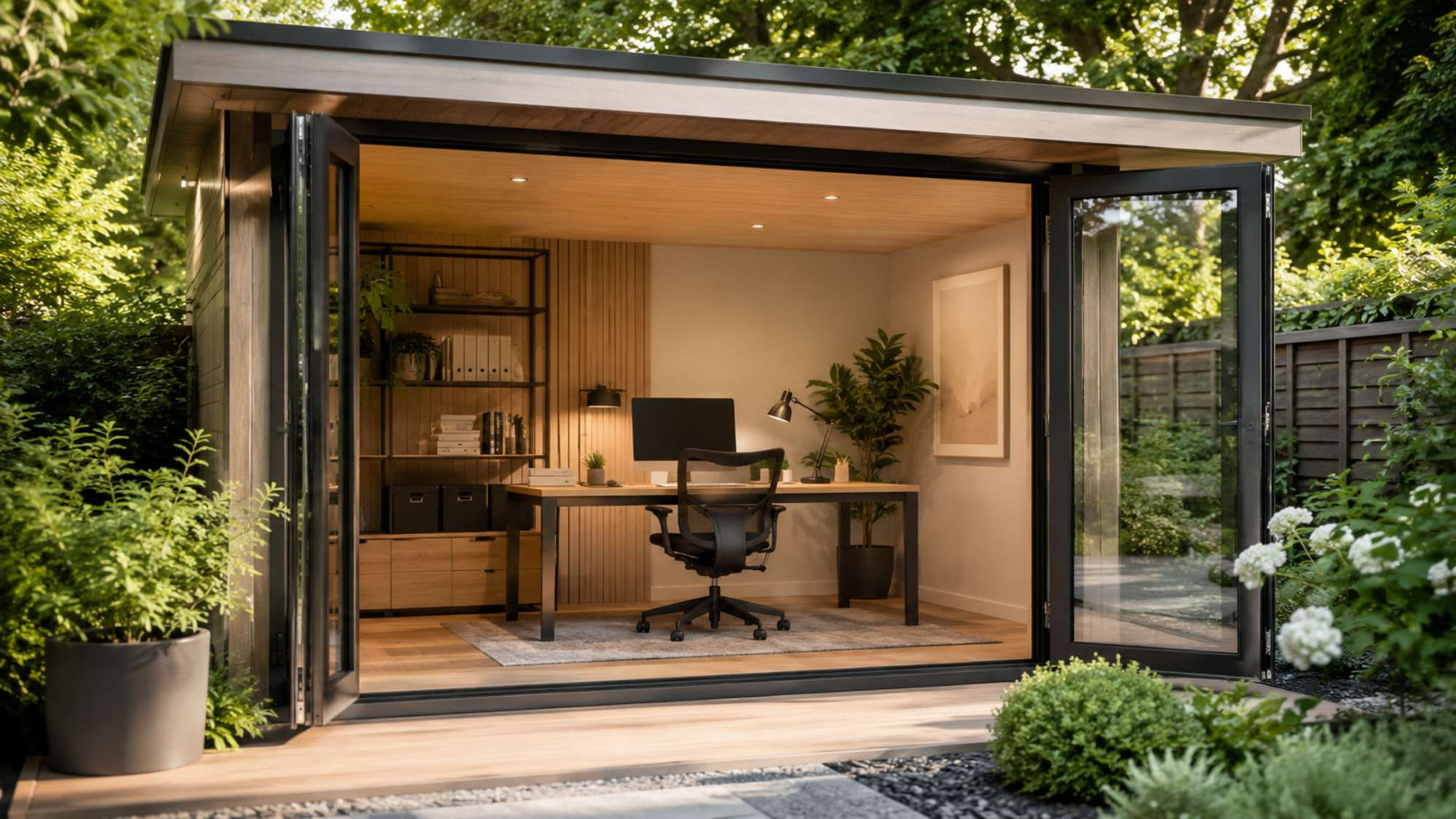 Modern garden room with a tidy desk, shelving, and built-in storage showcasing home office organization in a bright outdoor workspace