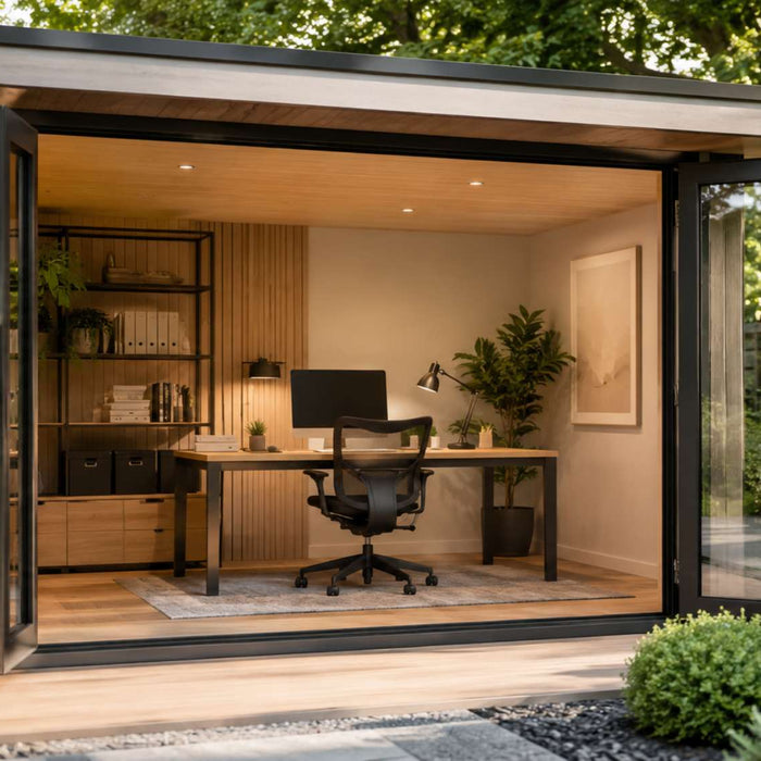 Modern garden room with a tidy desk, shelving, and built-in storage showcasing home office organization in a bright outdoor workspace