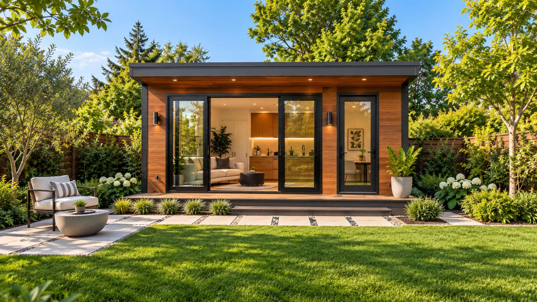 Modern garden room with glass doors, a green lawn, and simple patio seating for an Airbnb vs long-term rental income comparison