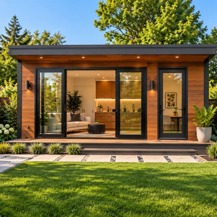 Modern garden room with glass doors, a green lawn, and simple patio seating for an Airbnb vs long-term rental income comparison