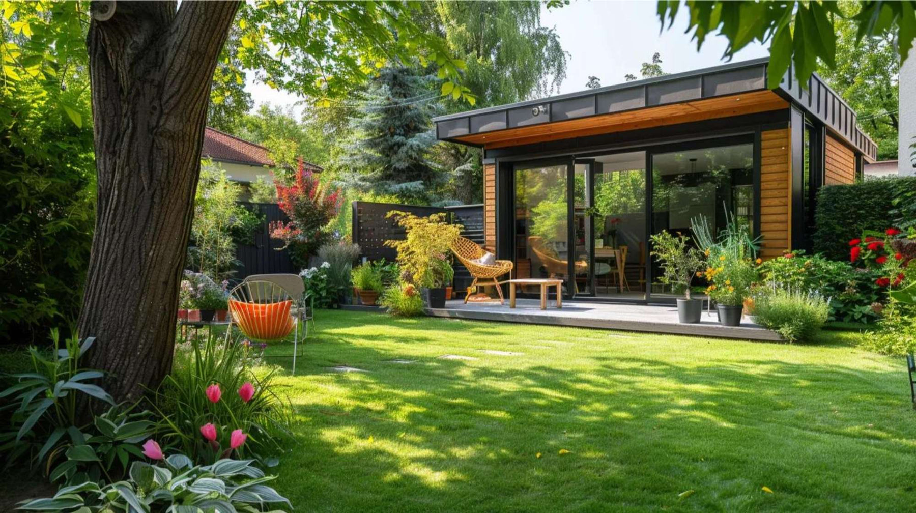 Modern garden room with large glass doors, outdoor seating, and lush greenery, ideal for boosting seasonal rental income