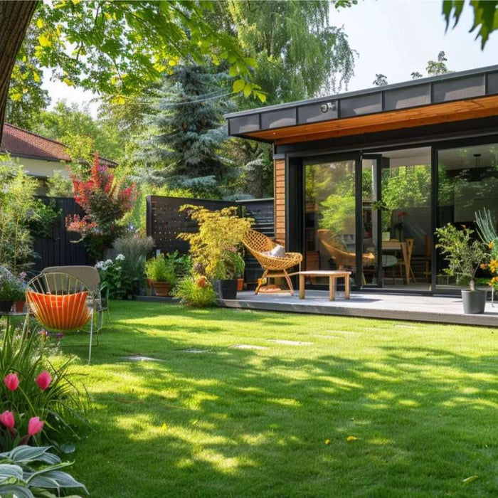 Modern garden room with large glass doors, outdoor seating, and lush greenery, ideal for boosting seasonal rental income