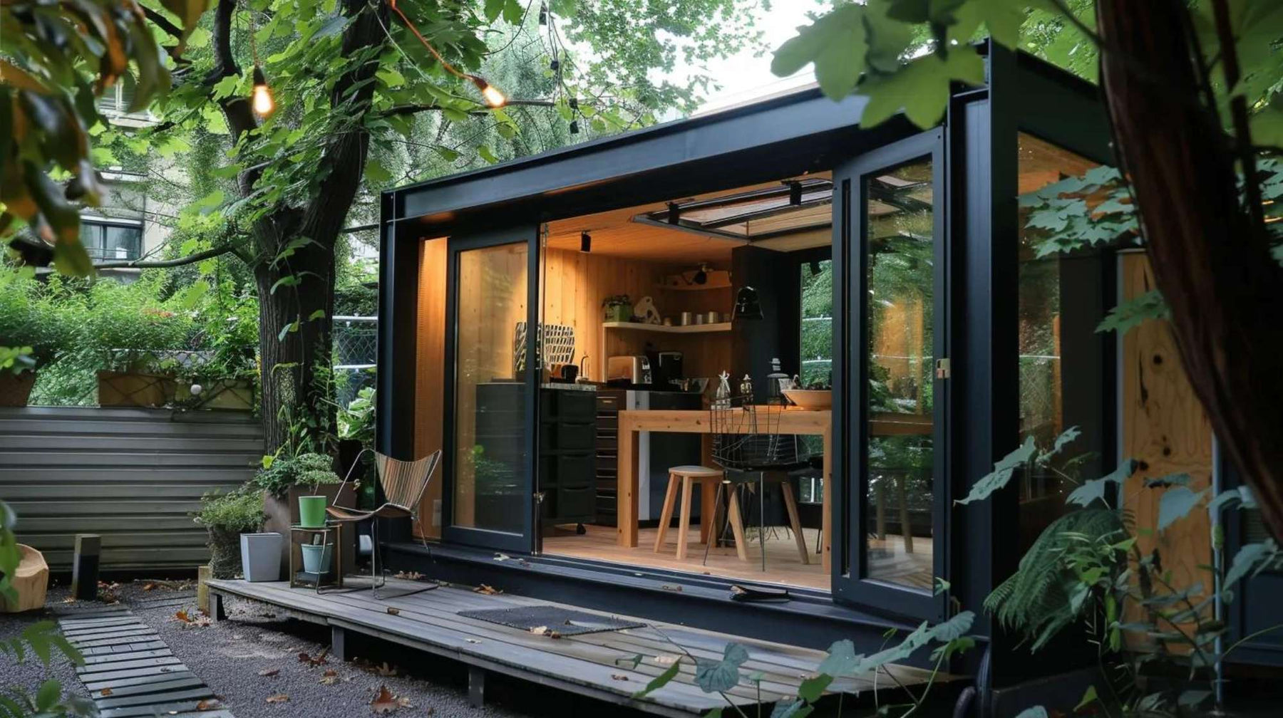 Modern garden room with large glass doors, warm lighting, and a tidy workspace setup, designed to generate shed workshop income from a peaceful backyard setting