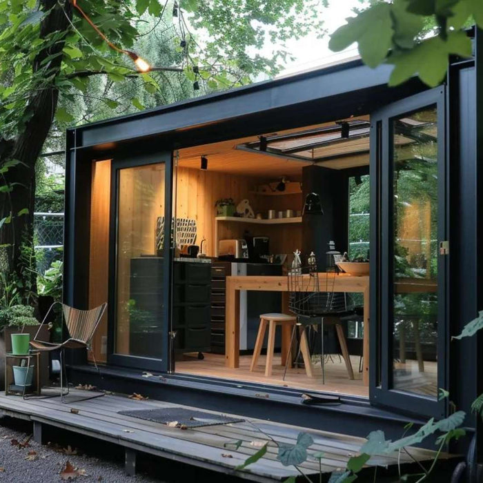 Modern garden room with large glass doors, warm lighting, and a tidy workspace setup, designed to generate shed workshop income from a peaceful backyard setting