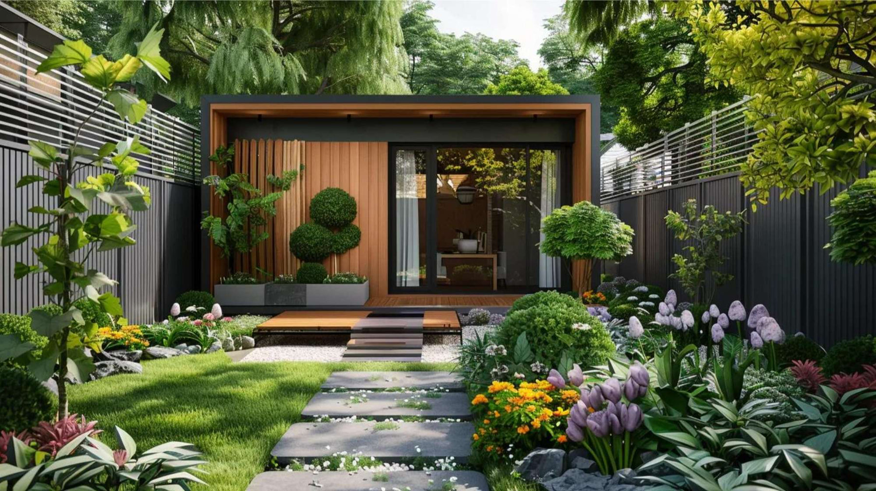 Modern garden suite with a landscaped backyard, stone path, flowers, and privacy fencing, ideal for a market backyard rental listing