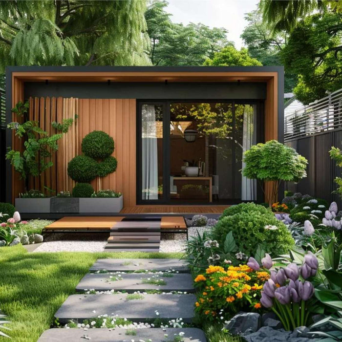 Modern garden suite with a landscaped backyard, stone path, flowers, and privacy fencing, ideal for a market backyard rental listing