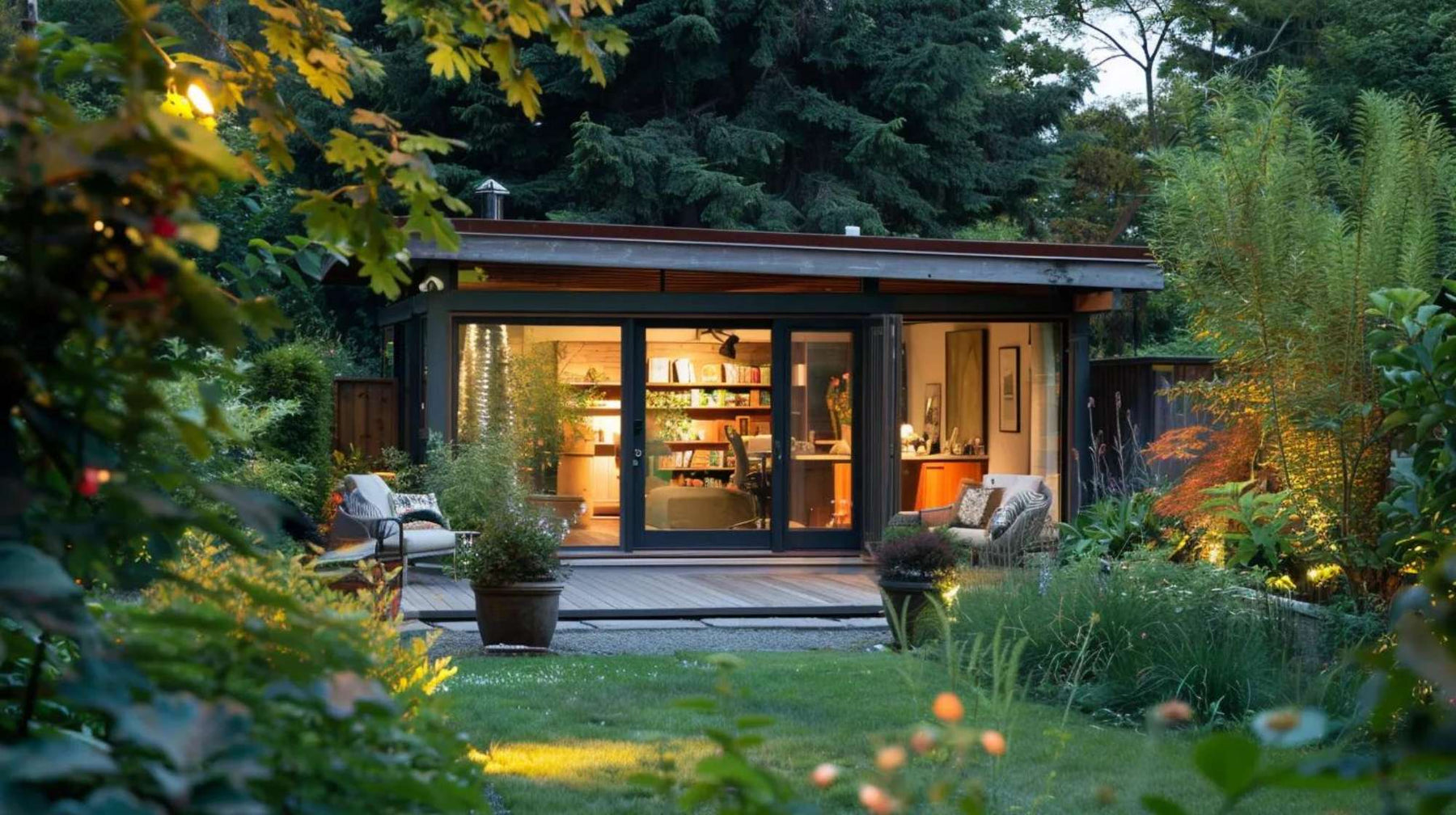 Modern garden therapy office with warm interior lights, glass doors, patio chairs, and dense greenery surrounding the outdoor workspace