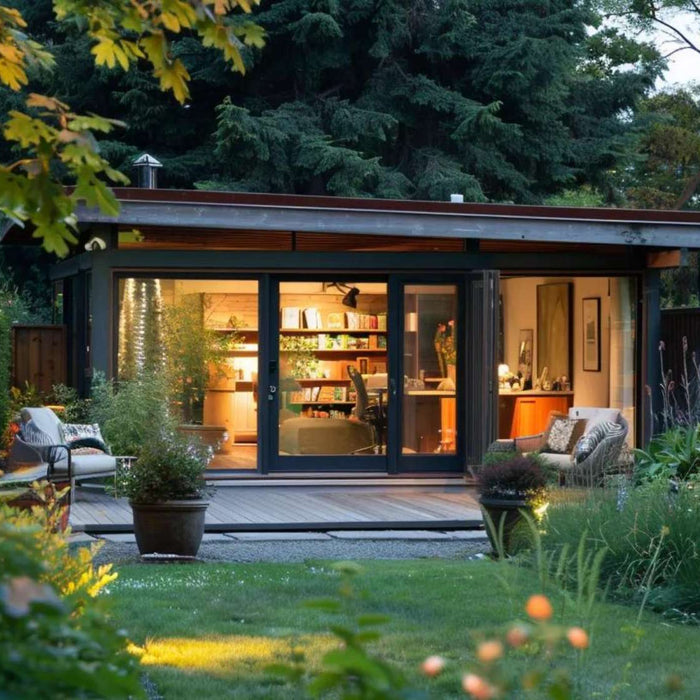 Modern garden therapy office with warm interior lights, glass doors, patio chairs, and dense greenery surrounding the outdoor workspace