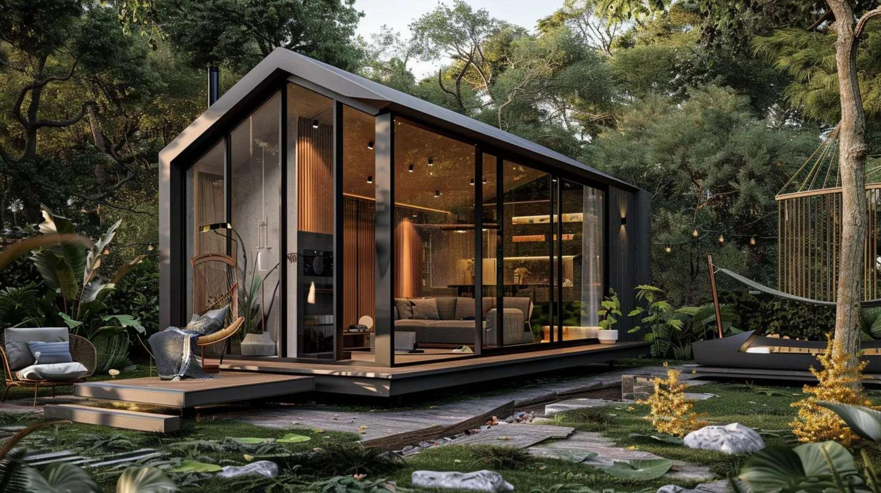 Modern glass garden cabin with warm lighting and deck seating, perfect for garden ideas with man cave