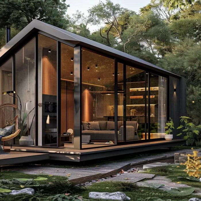 Modern glass garden cabin with warm lighting and deck seating, perfect for garden ideas with man cave