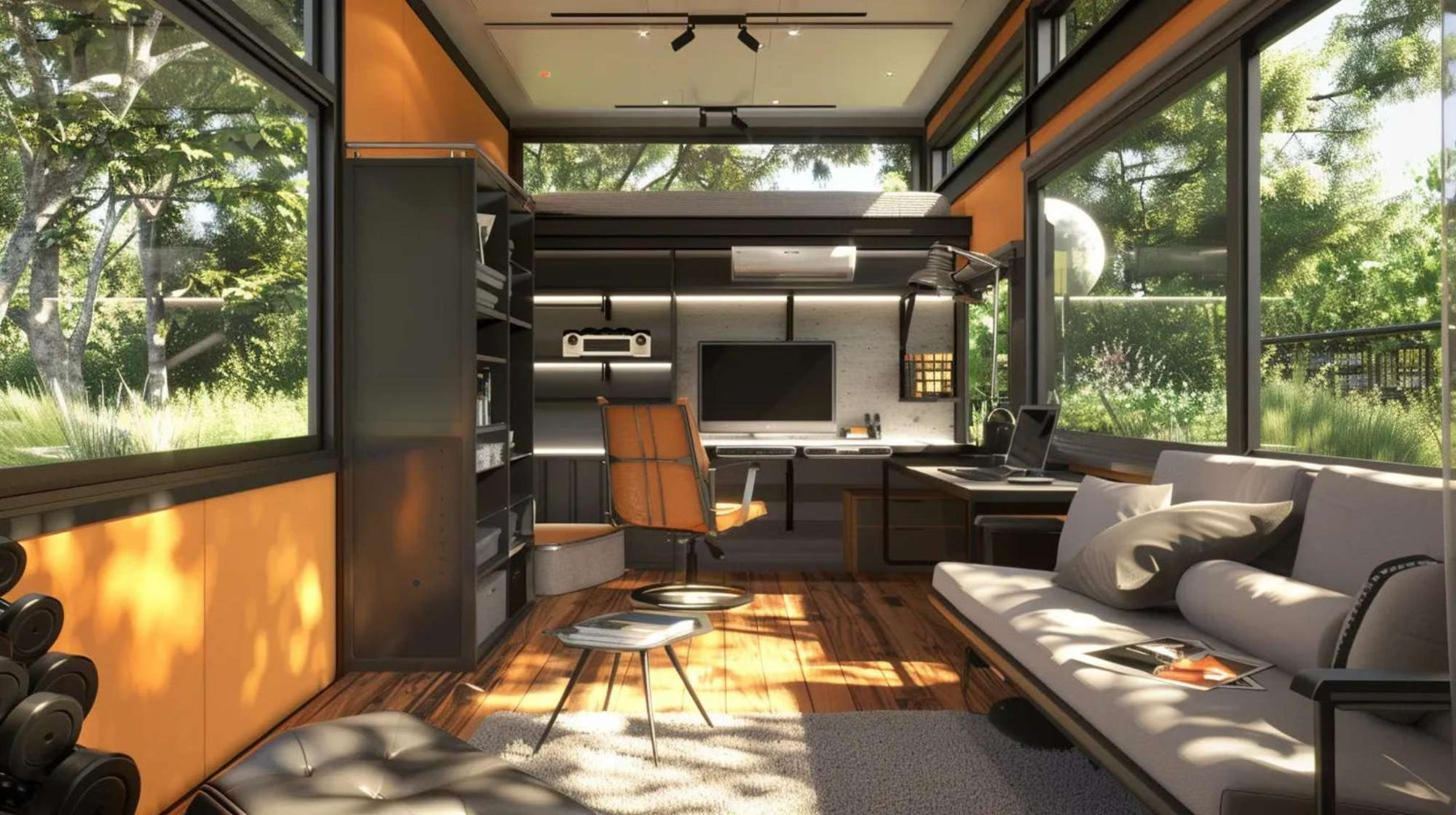 Modern glass garden office with desk, shelves, and sofa, featuring smart garden house storage in a bright, organized backyard space