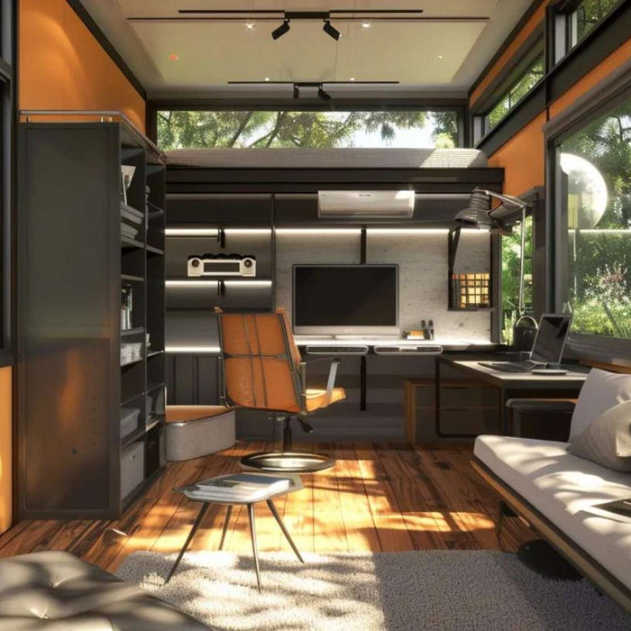 Modern glass garden office with desk, shelves, and sofa, featuring smart garden house storage in a bright, organized backyard space