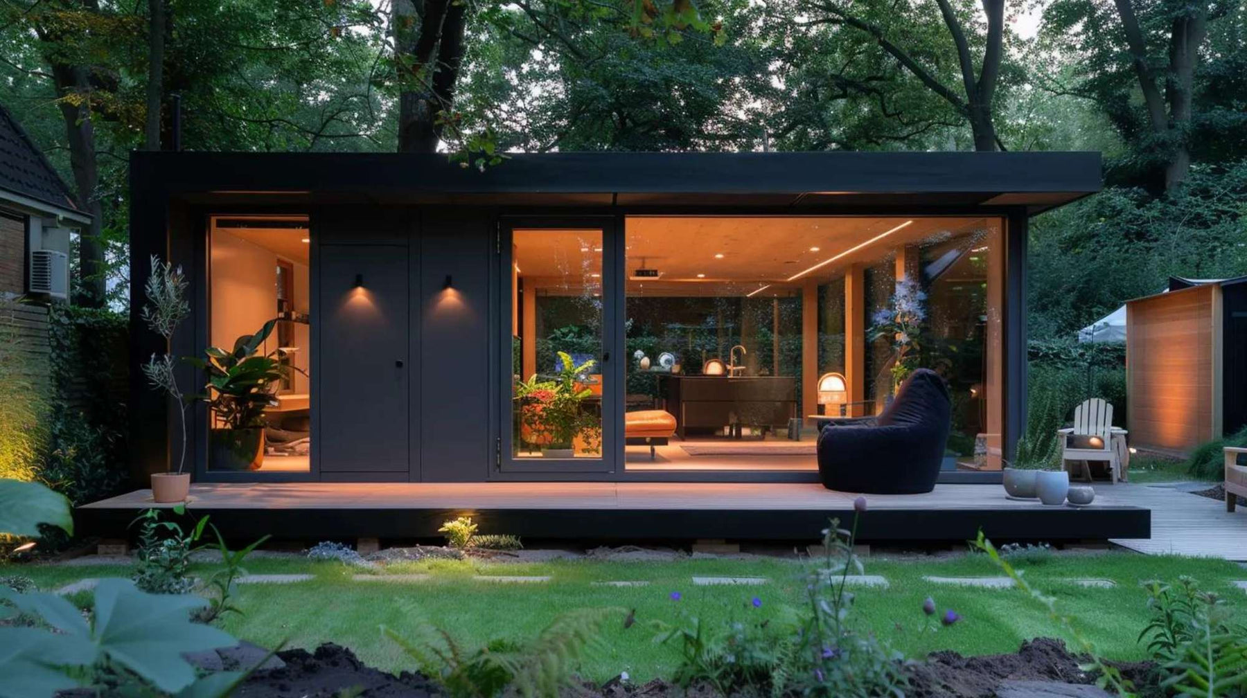 Modern glass garden studio lit at dusk, a practical example for a backyard room ROI calculation