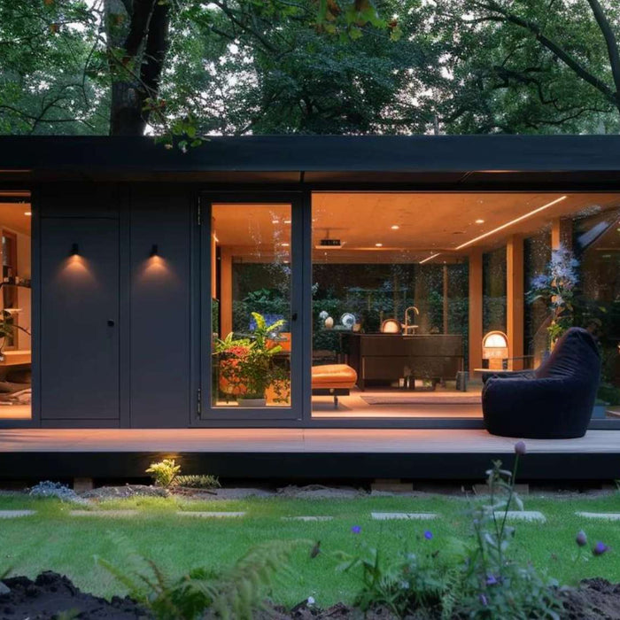 Modern glass garden studio lit at dusk, a practical example for a backyard room ROI calculation